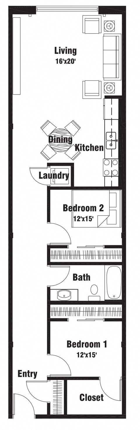 Floor plan for 2 beds, 1 bath, 820 sqft